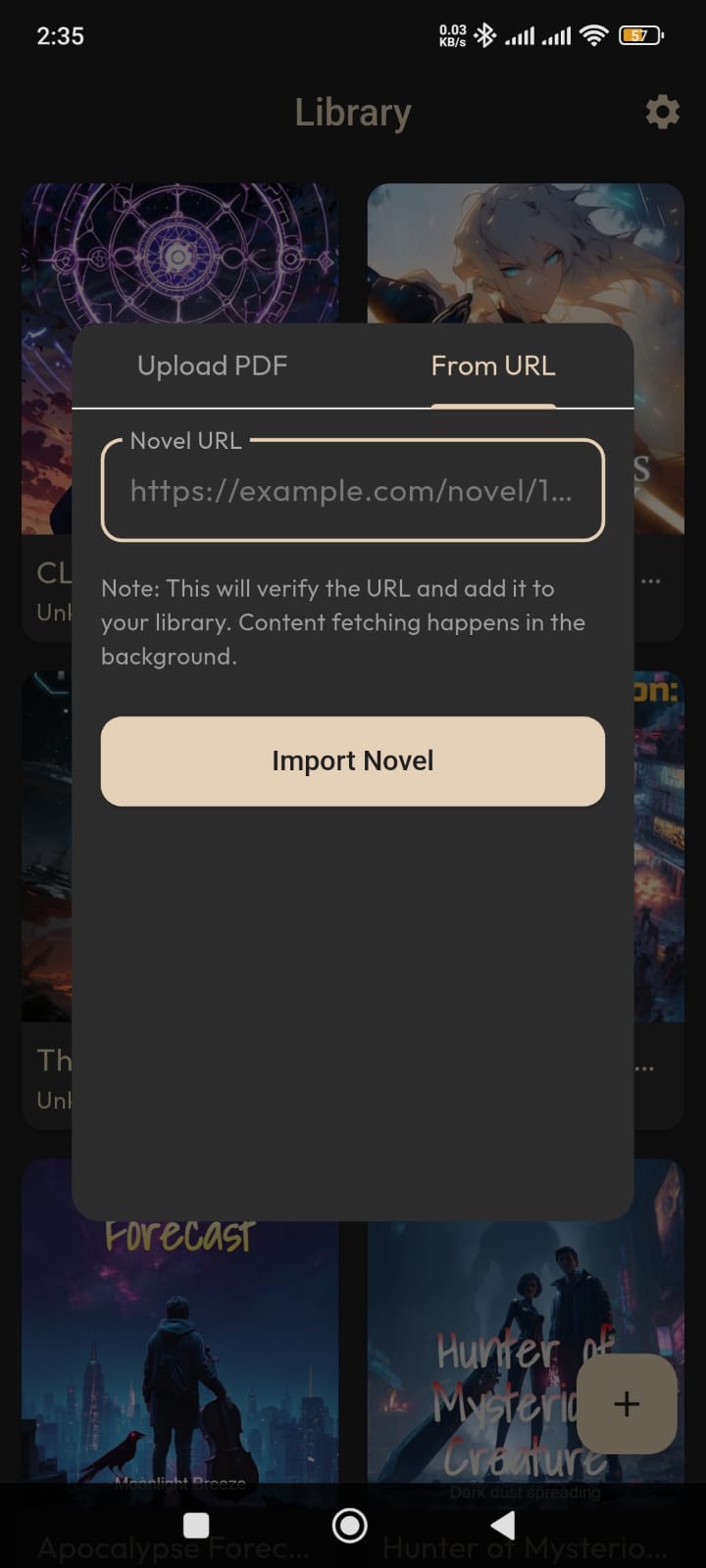 Import a novel by URL or upload a PDF