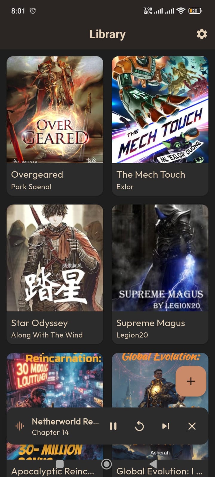 ReadLume library grid of imported novels with the mini-player