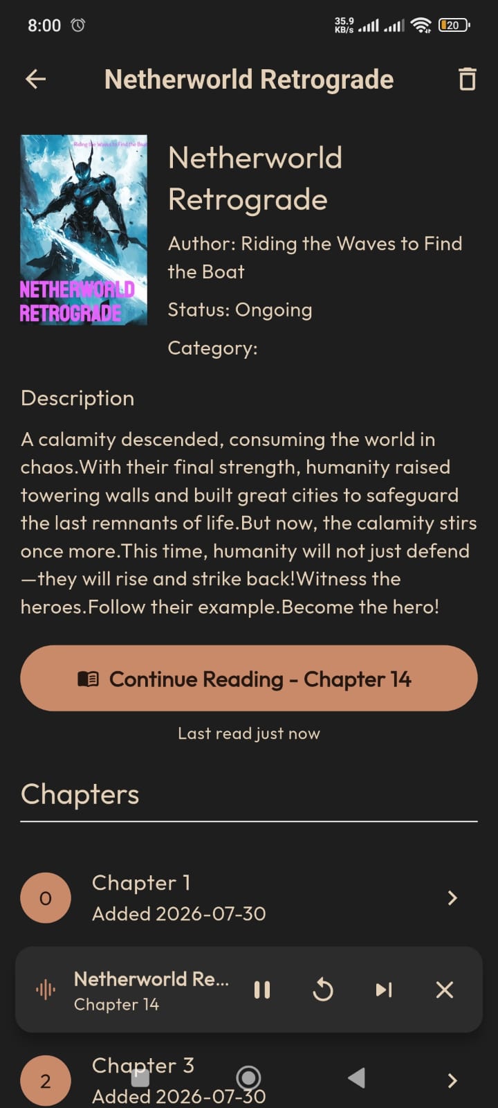Novel page with Continue Reading and chapter list