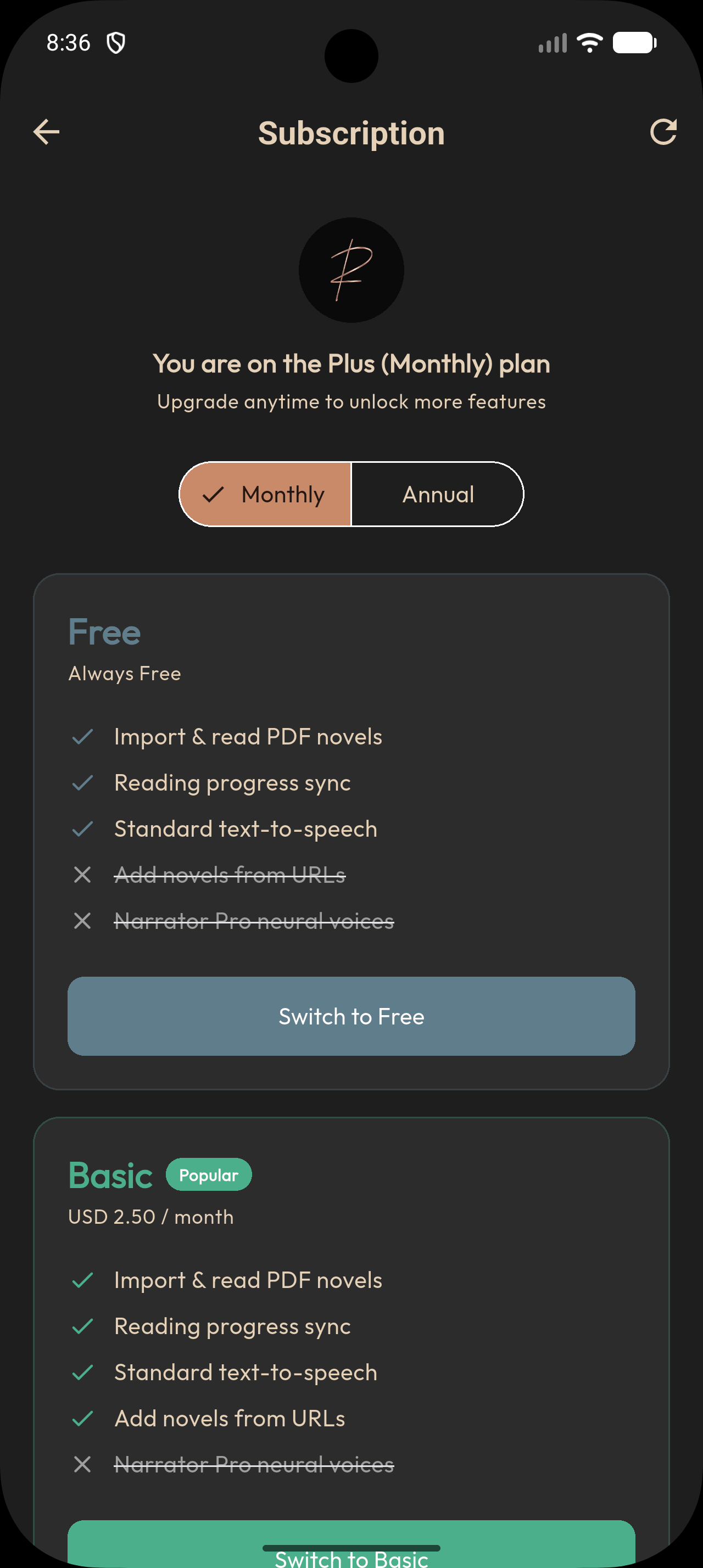 ReadLume subscription plans with monthly and annual billing